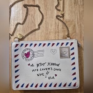 Betsey Johnson White Crossbody Mail Motif Bag with Red & Blue Accents